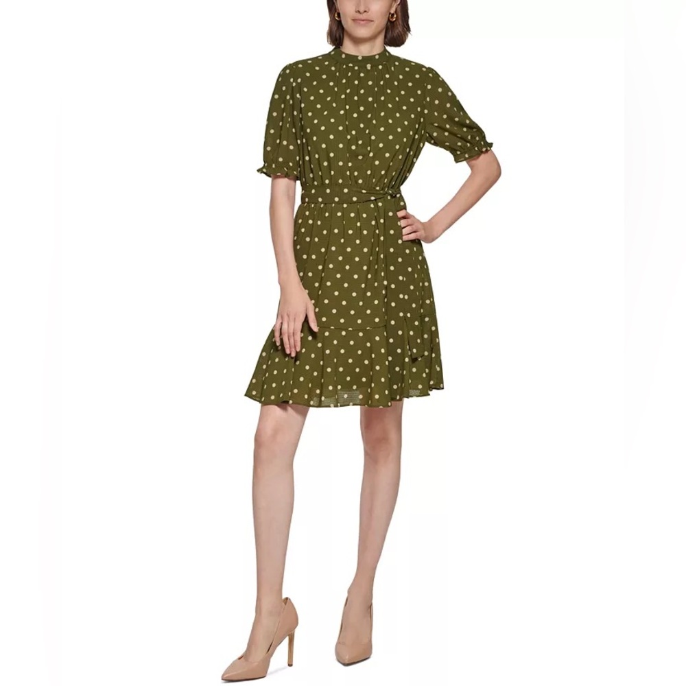 NWT Tommy Hilfiger Womens Olive Polka Dot Elastic Waist Mock Neck Dress Size 16